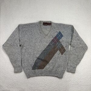 Moss Creek Trader Vintage Mens XL Wool Blend Argyle V-Neck Sweater Grey Pullover